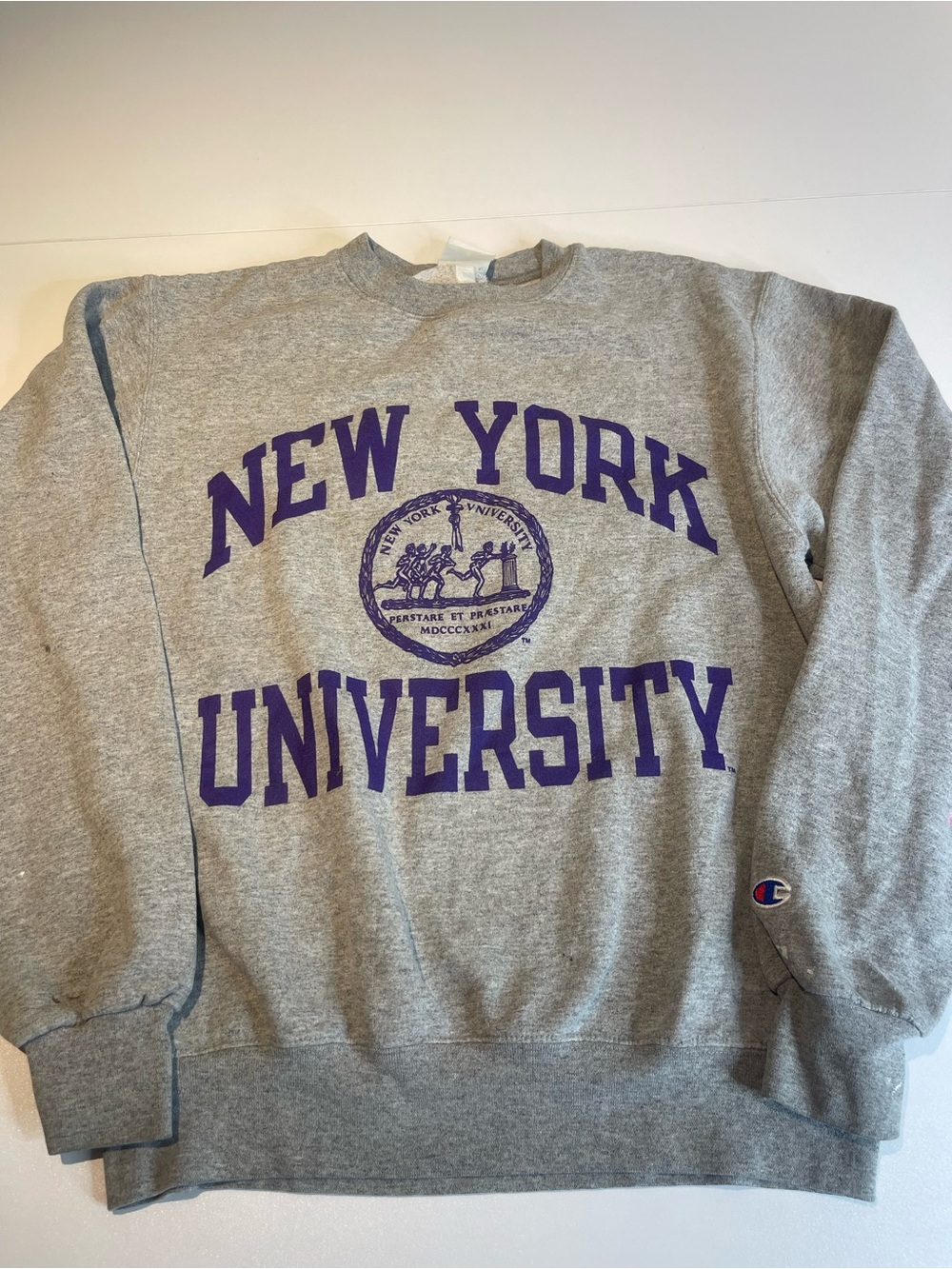 Champion Gray Crewneck Sweatshirt with Purple 'New York University' Graphic